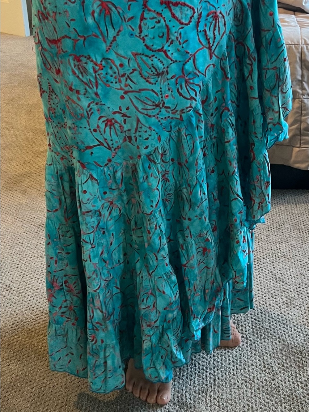 Handmade Balinese Batik Beaded Wrap Skirt/Sarong – Turquoise Floral made in Bali - Picture 2 of 5